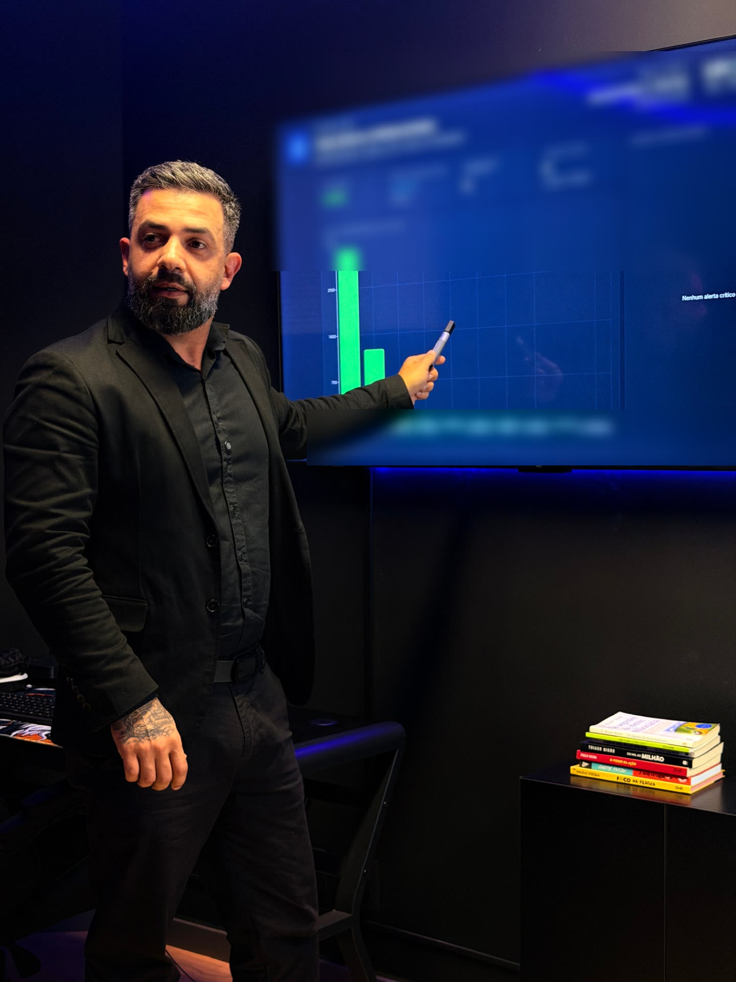 Rodrigo, da AXOR, apresenta um painel de acompanhamento de campanhas no escritório.